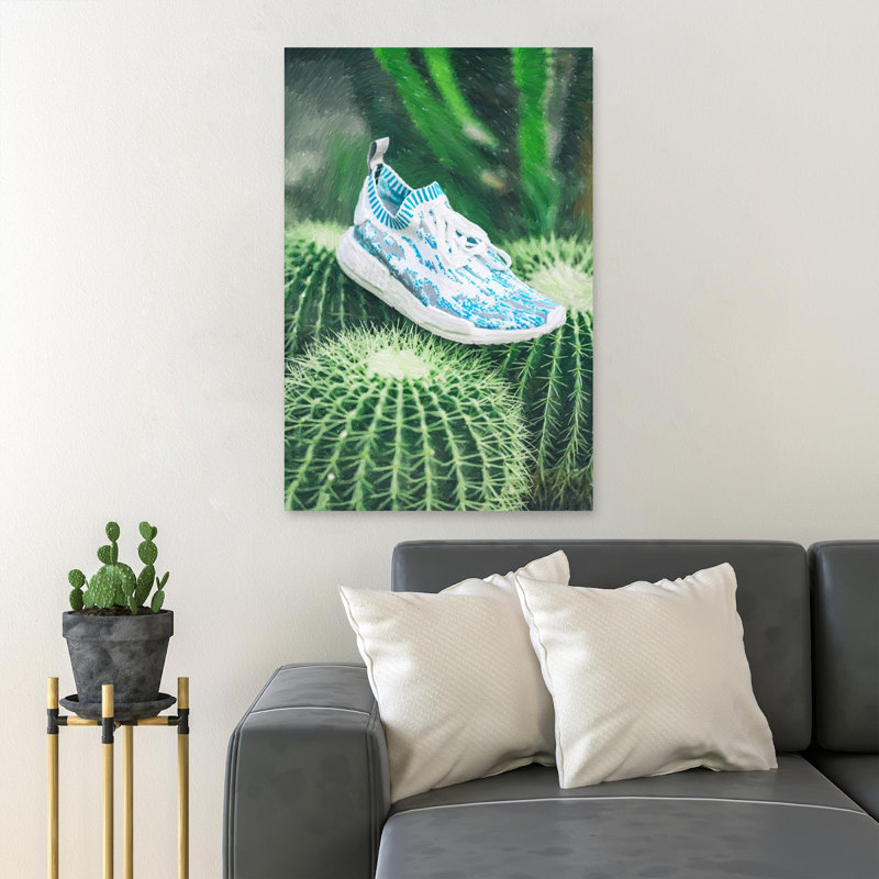 Espadrilles blanches et bleues, "Nmd Sneaker On Cactus Plant", reproduction d'art graphique sur toile tendue