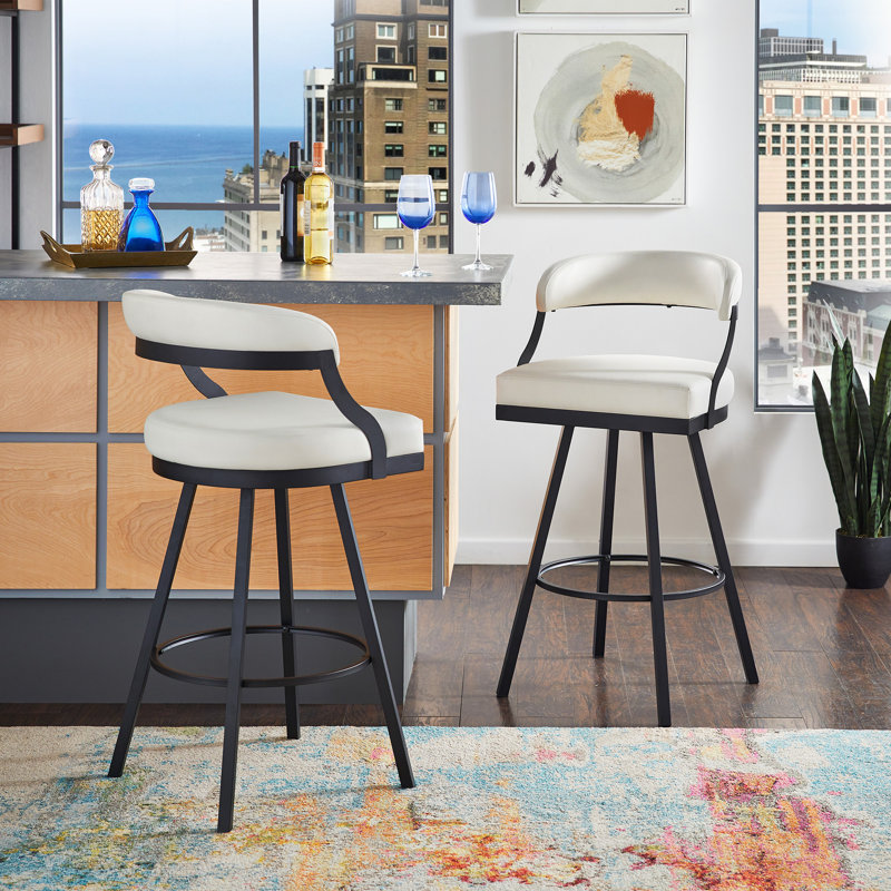 Alisier Black Finish Metal Vegan Leather Swivel Chair (Set Of 2), White, Bar Stool (31" Seat Height)
