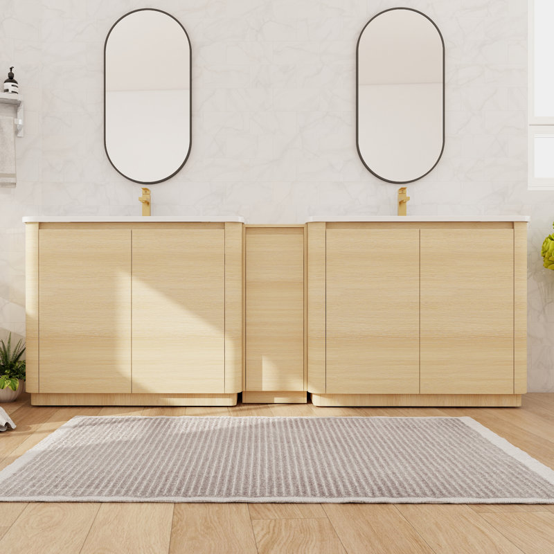 Meuble-lavabo double autoportant 92 po avec lavabo en céramique 92 po, meuble-lavabo sur pied avec 5 portes et 3 tablettes réglables