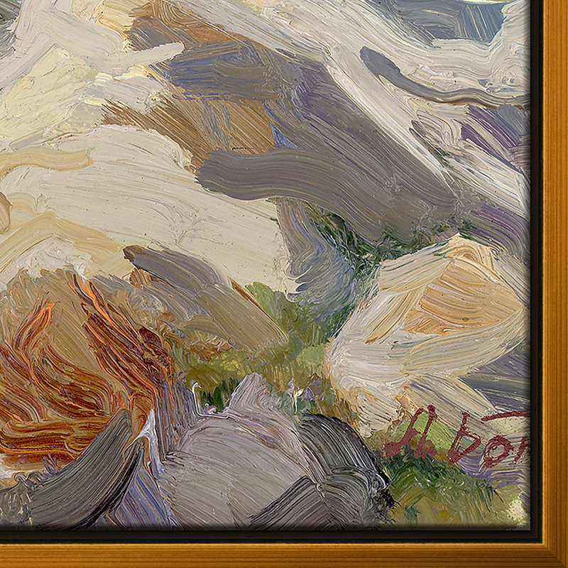 Paysage marin, peinture sur toile encadrée, Or