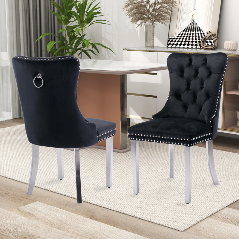 Chaise rembourrée capitonnée, Noir, Argent