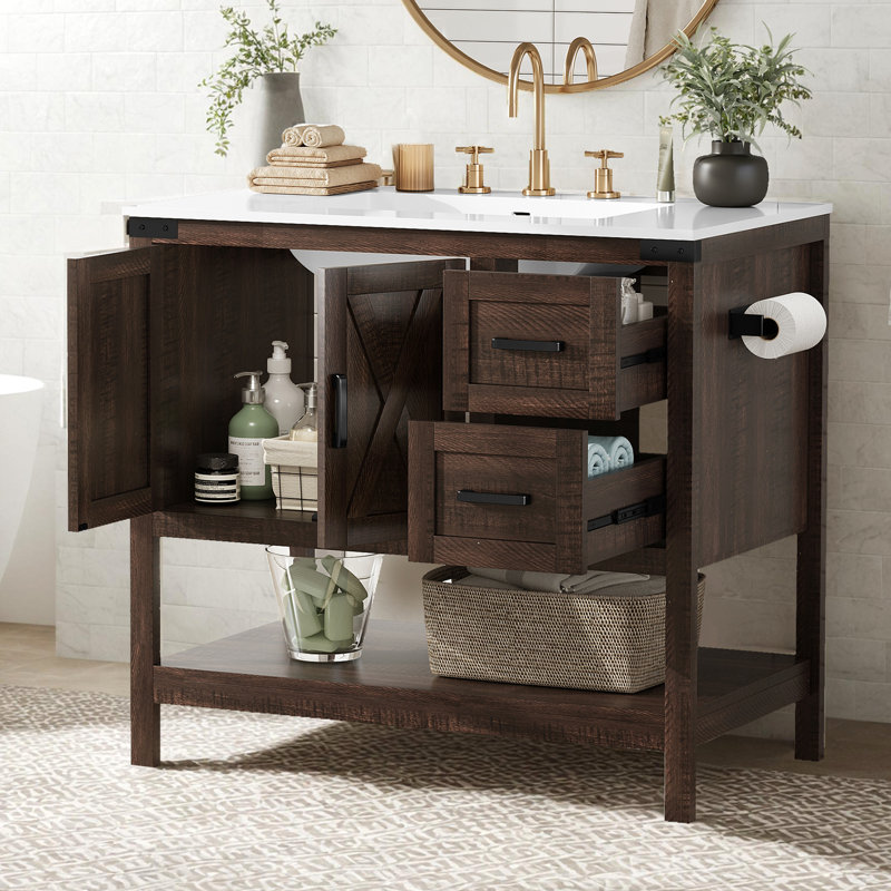 Ensemble de meuble-lavabo de salle de bain avec lavabo 35 po Chimira, brun rustique, Brun, 33.3'' H x 35'' W x 22'' D
