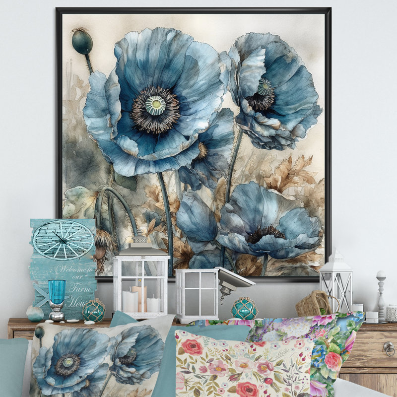 «Blue Poppy Serenity» sur impression sur toile, 36" H x 36" W, White Picture Framed