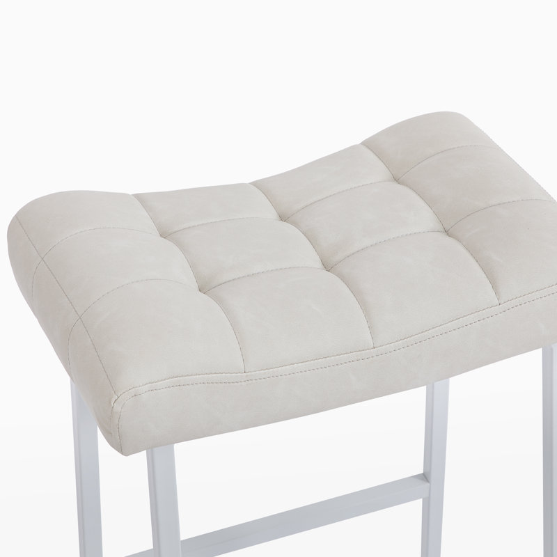Faux Leather Wide Cushion Bar Stool, White Seat/White Frame
