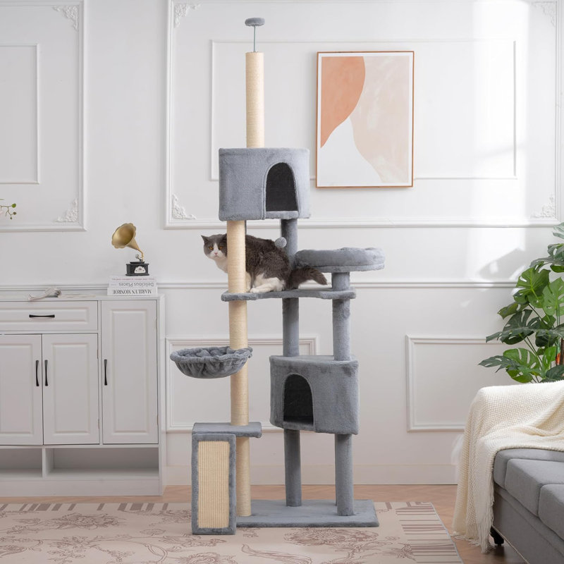 105" Grey Multi-Level Cat Tree with Perches, Caves & Scratching Board – Indoor Cat Tower Furniture