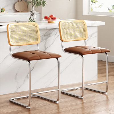 Ensemble de 2 tabourets de bar à hauteur de comptoir / revêtu de similicuir en polyuréthane avec dossier en rotin / confortable et durable pour îlot de cuisine