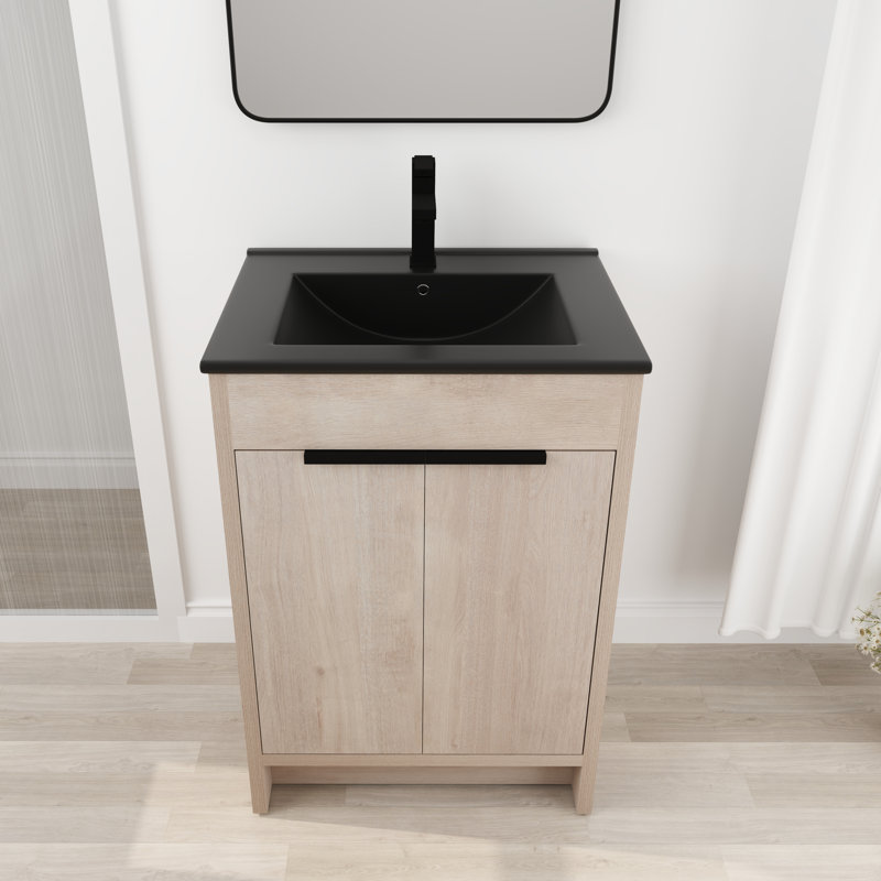Ensemble de meuble-lavabo simple Addisun, Noir, noir, noir, noir, Chêne clair uni, 24"