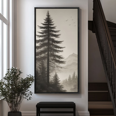 Monochrome Evergreen Forest with Birds - Large Framed Canvas Master Bedroom Wall Art Print