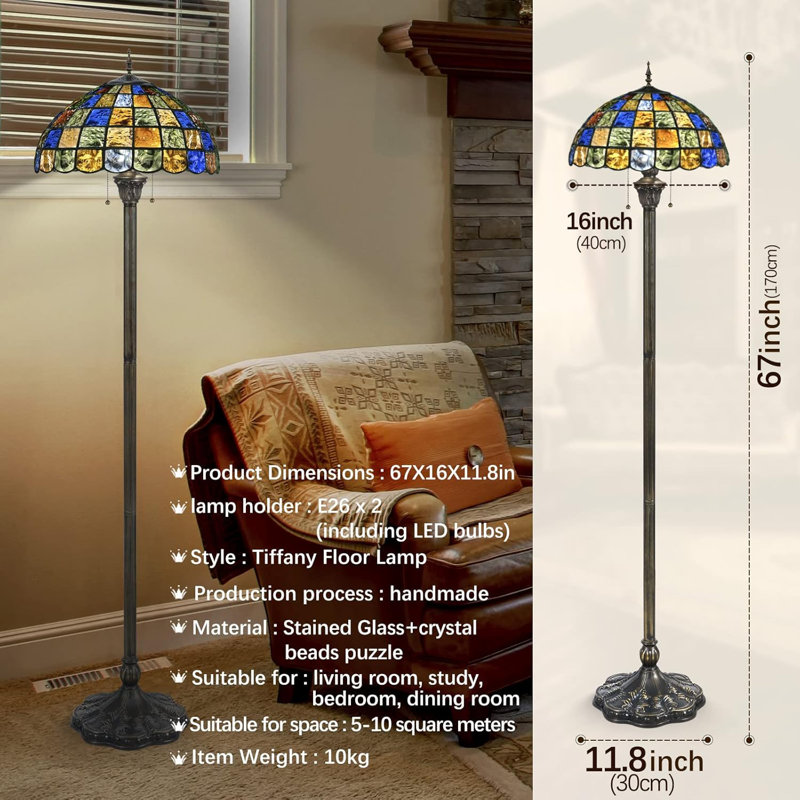 Tiffany Style Floor Lamp With Stained Glass Shade, Antique Pole Design, And Zipper Switch Control For Living Room, Study, Or Office Lighting