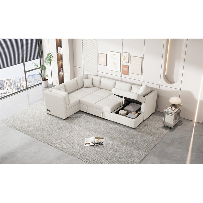 Canapé-lit modulaire en U 108,6 po avec deux ports USB, Beige