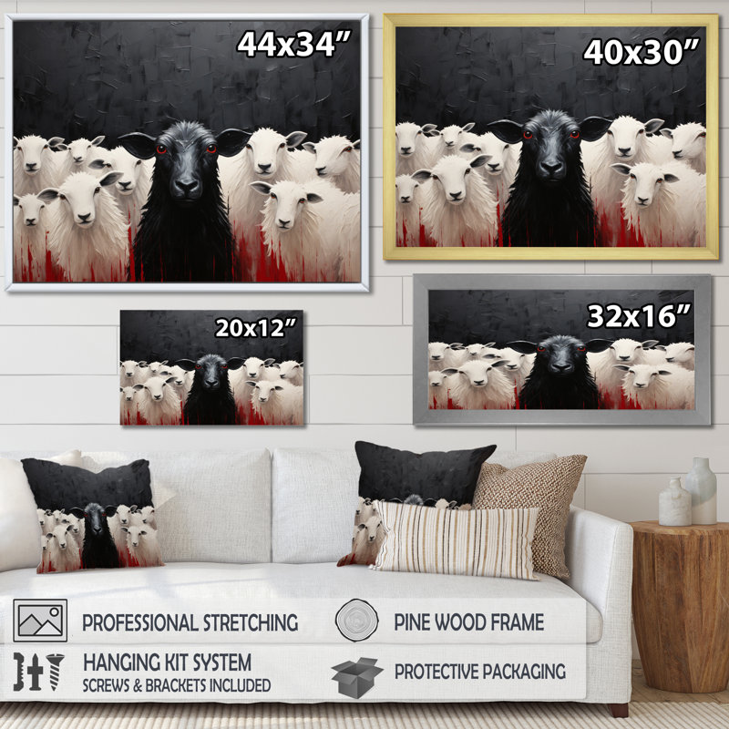 Troupeau de moutons noir et blanc - impressions encadrées de moutons, 12" H x 20" W, Cadre flottant blanc