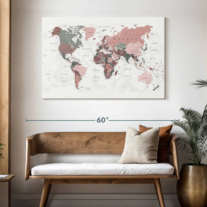 Aliaz World Map Pink Green, 32" H x 48" W