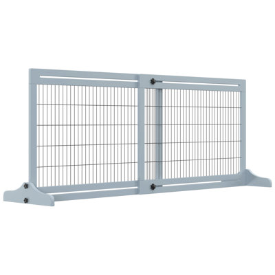 Extra Wide Freestanding Pet Gate, 41"-72" L x 14.25" W x 27.25" H, Pine Wood, Steel Wire, 1 Piece, Pet Barrier, Gray, Adjustable 41"-72" Width