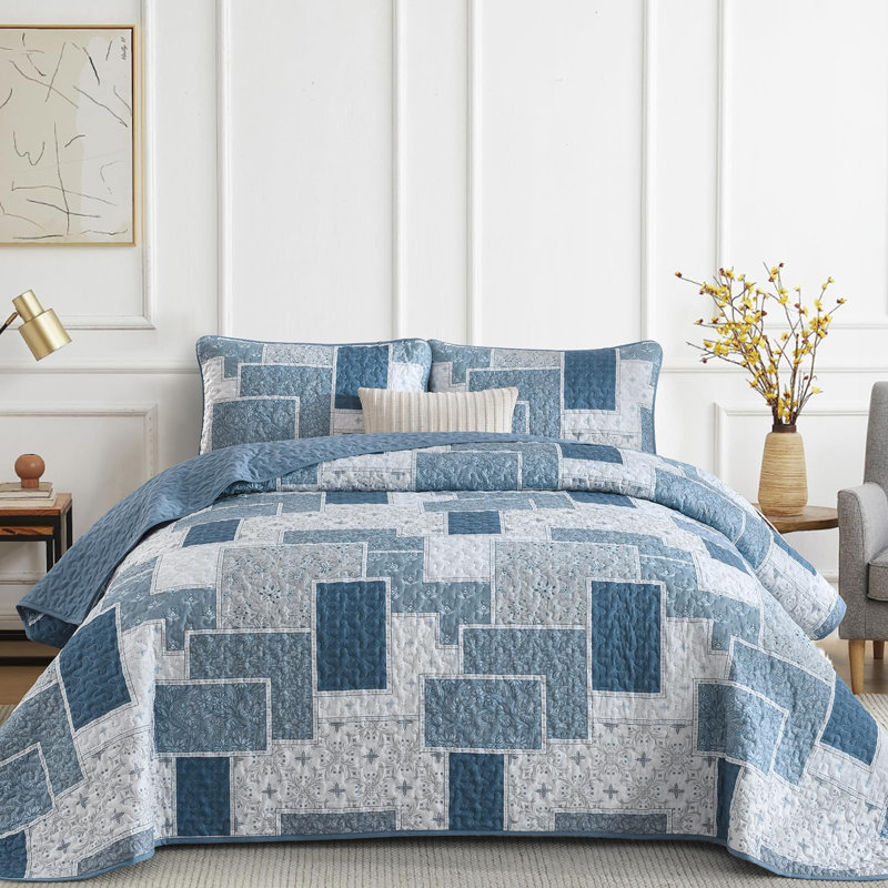 Ensemble de courtepointe réversible 3 pièces Patchwork - Couvre-lit léger en microfibre pour toutes les saisons
