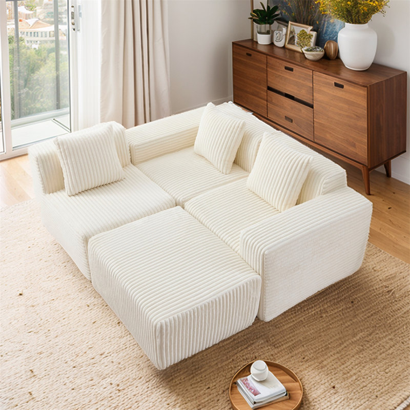 Canapé en L rembourré 100,79 po avec méridienne convertible, Beige