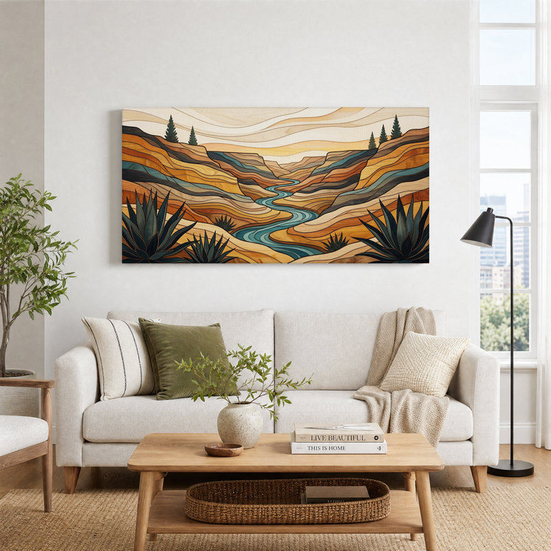 Impression sur toile stylisée «Canyon River with Agave Plants», L 58 po x H 28 po