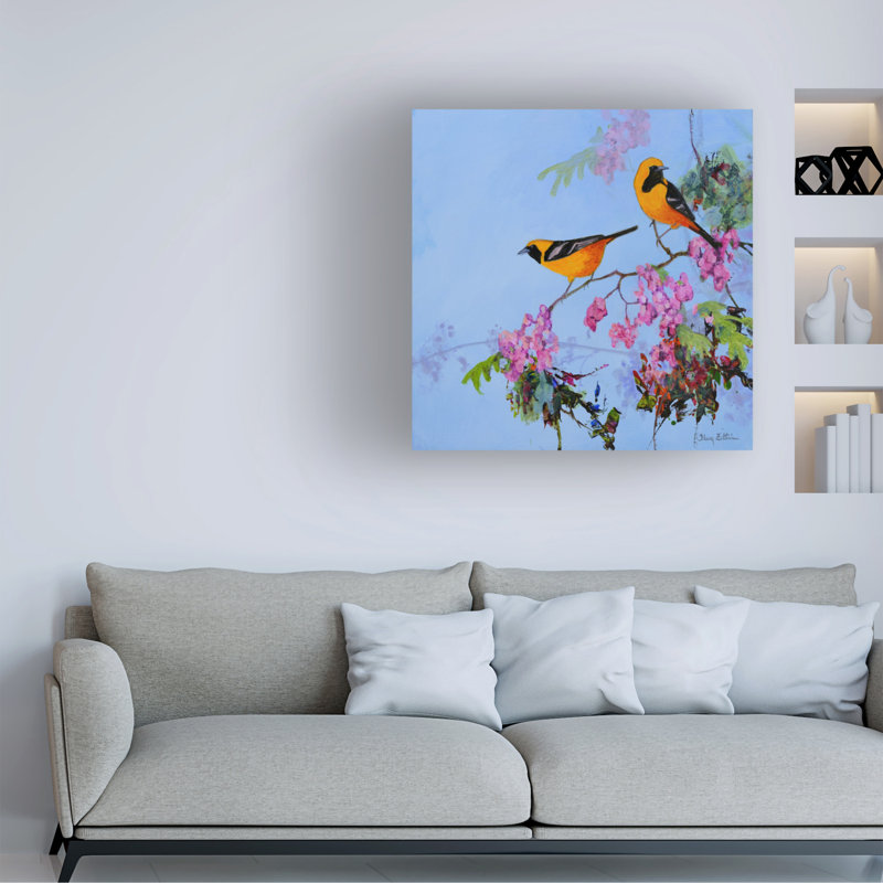 Art mural sur toile tendue - Floy Zittin «Hooded Oriole pair», art mural pour salon, chambre à coucher ou bureau - 35 x 35
