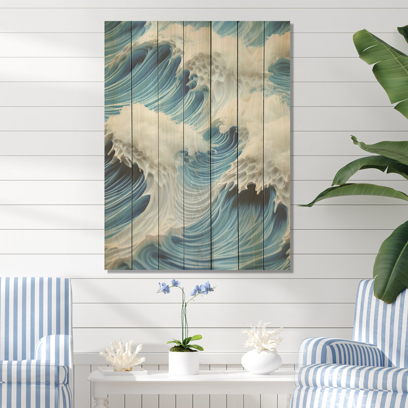 Collage de vagues blanches et bleues - vagues côtières sur bois, H 20 po x l 10 po