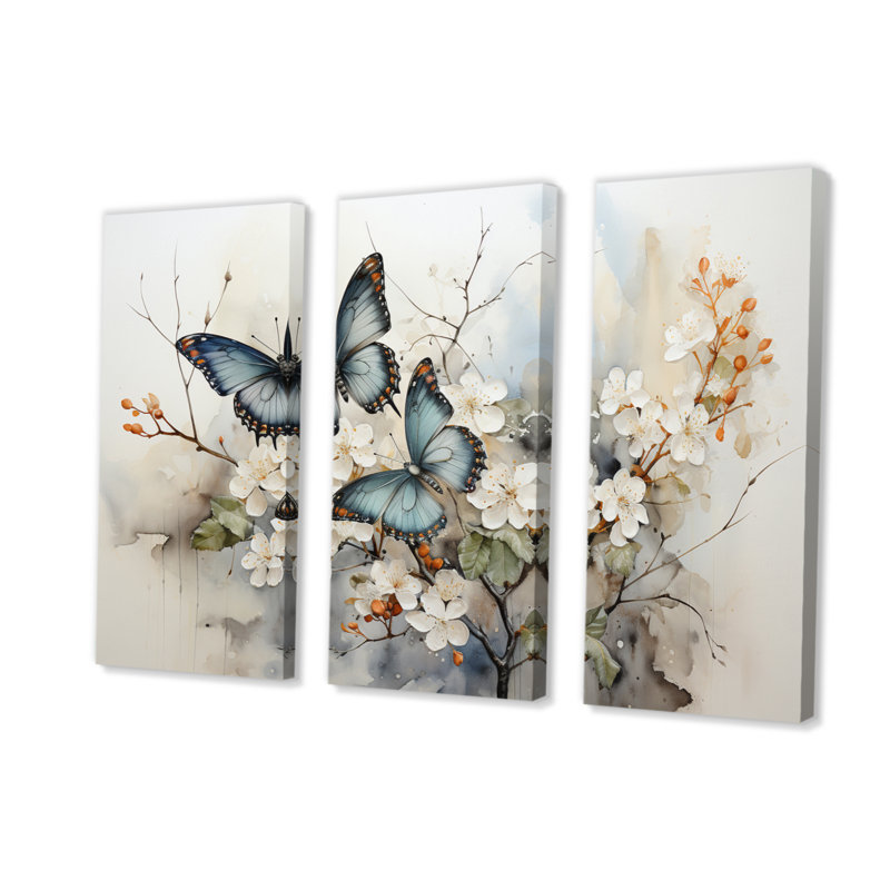 Blue White Butterfly Glimpse Of Serendipity - Animals Wall Art Print Set, H 40 po x l 60 po, Wrapped Canvas