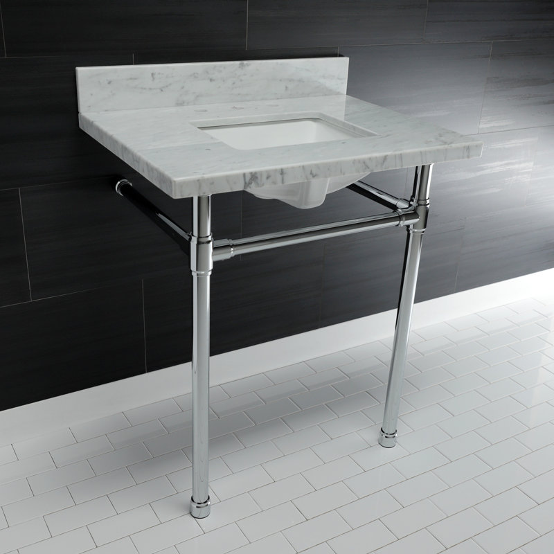Kingston Brass Dreyfuss 30-Inch Carrara Marble Vanity Top with Stainless Steel Legs (8-Inch, 3-Hole), Polished Chrome