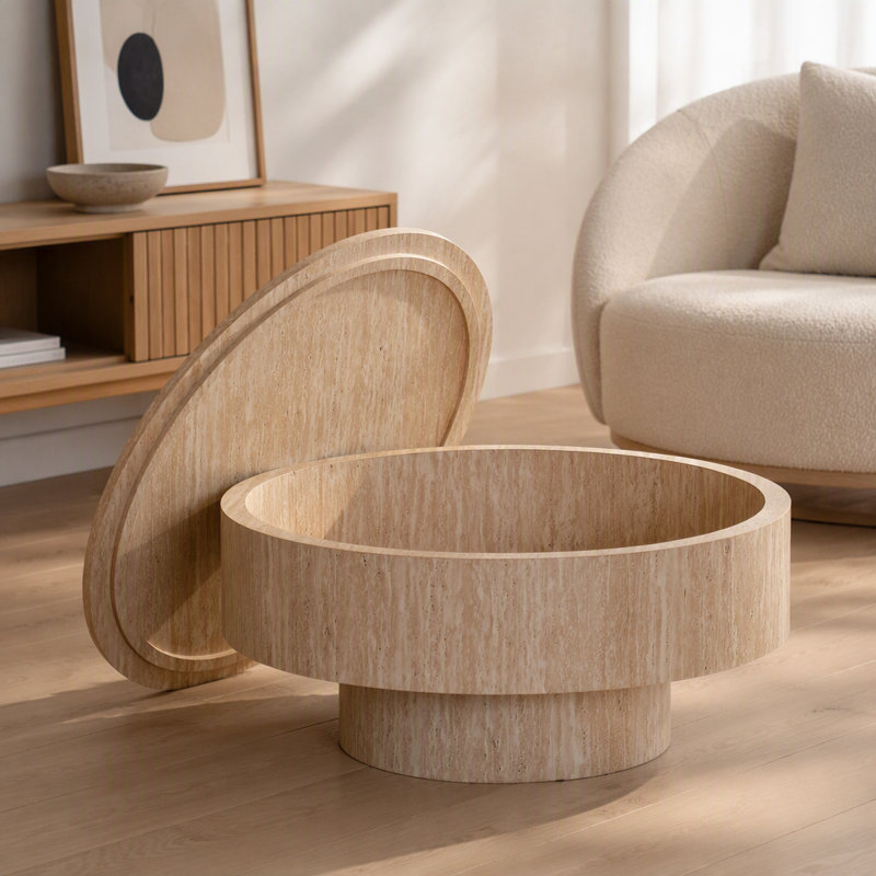 Table basse ronde de rangement avec finition beige travertin, couvercle amovible et rangement dissimulé