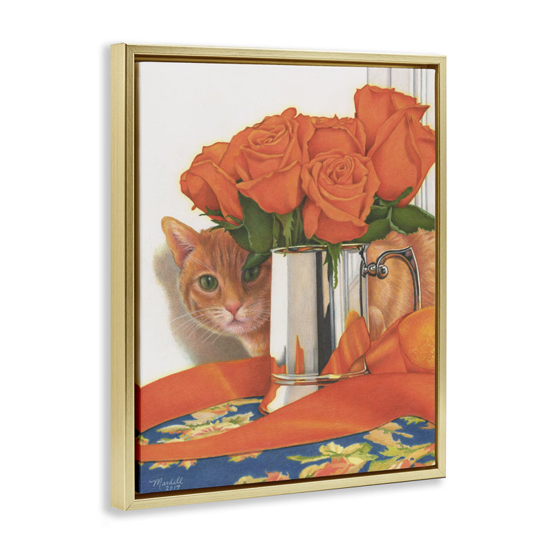 «Cat Peeking Rose Bouquet» par Mardell Schuster, Cadre flottant métallique doré, H 31 po x l 25 po x P 1,7 po