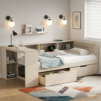 Lit plateforme simple en bois avec tablettes de rangement, tiroirs, station de charge