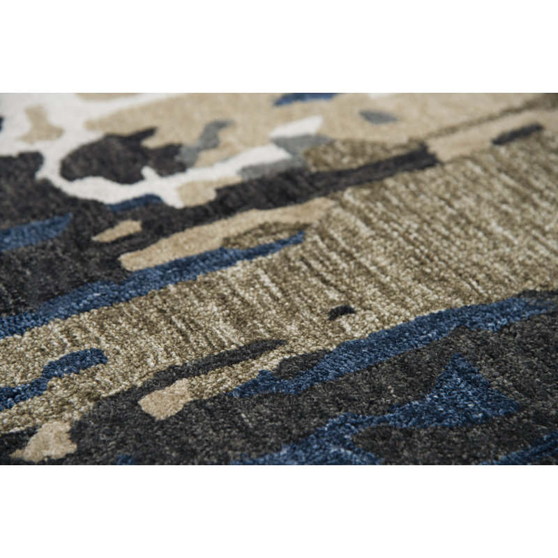 Tapis beige / bleu touffeté à la main, Rectangle 7 pi 6 po x 9 pi 6 po