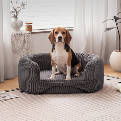 Lit orthopédique pour chien en velours côtelé 32,6 "avec dossier haut pour chiens jusqu'à 70 lb, méridienne surélevée de style meuble avec mousse de soutien, canapé-lit rond pour animal de compagnie dans la chambre du salon