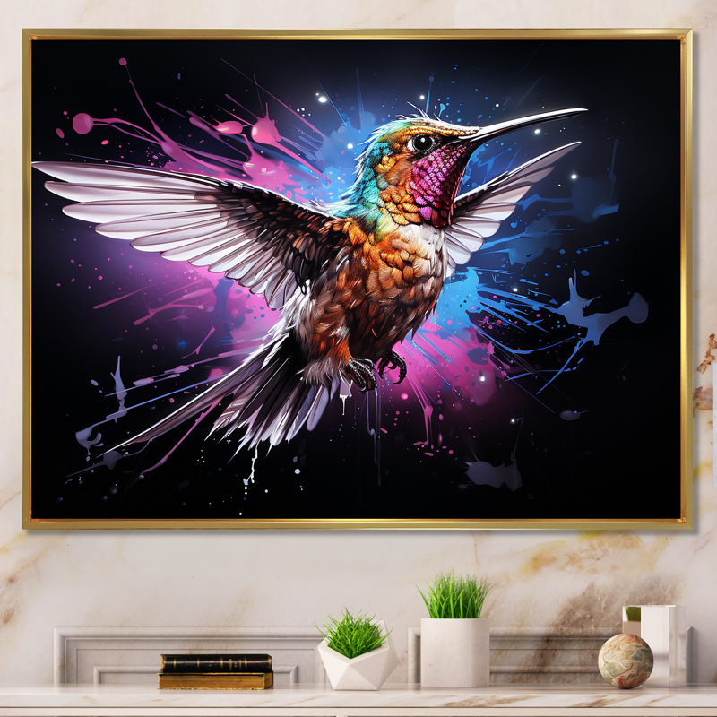 Colibri coloré, battement d'aile, merveille 4 - Art mural colibri, Cadre flottant doré, H 24 po x l 32 po x P 1 po