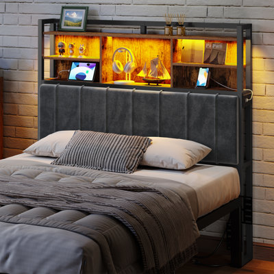Headboard with 3-Tier Storage Shelves, Velvet Upholstered Head Board with 2 Outlets, USB Ports & LED Light, Soft Backrest for Full Size Bed, Brown/Black/Gray