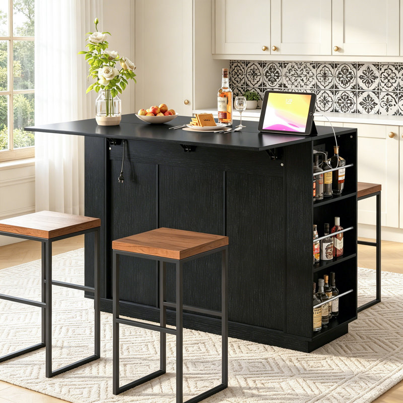 Kitchen Island Bar Cabinet With Foldable Tabletop