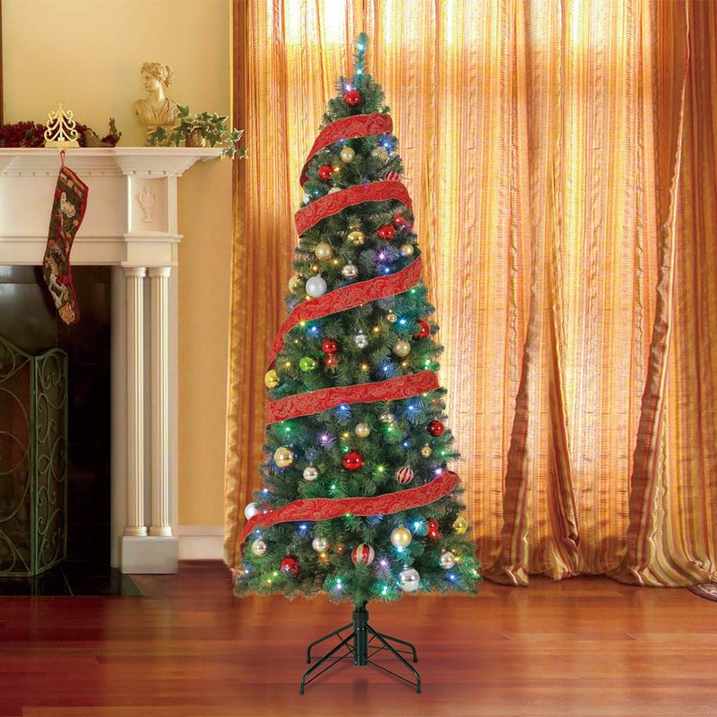 Home Heritage Prelit 7 Foot Color Blast Pencil Pine Tree with 180 LED Lights
