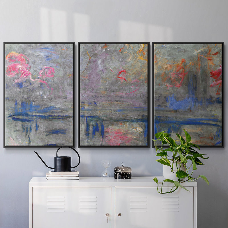 Monet - 3 pièces, reproduction encadrée sur toile, H 24 po x l 48 po x P 2 po, Noir