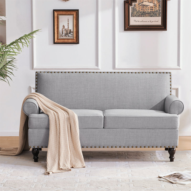 Darleth 62“W Polyester Upholstered Round Arm Loveseat With Nailhead Trim, Polyester Blend Light Gray