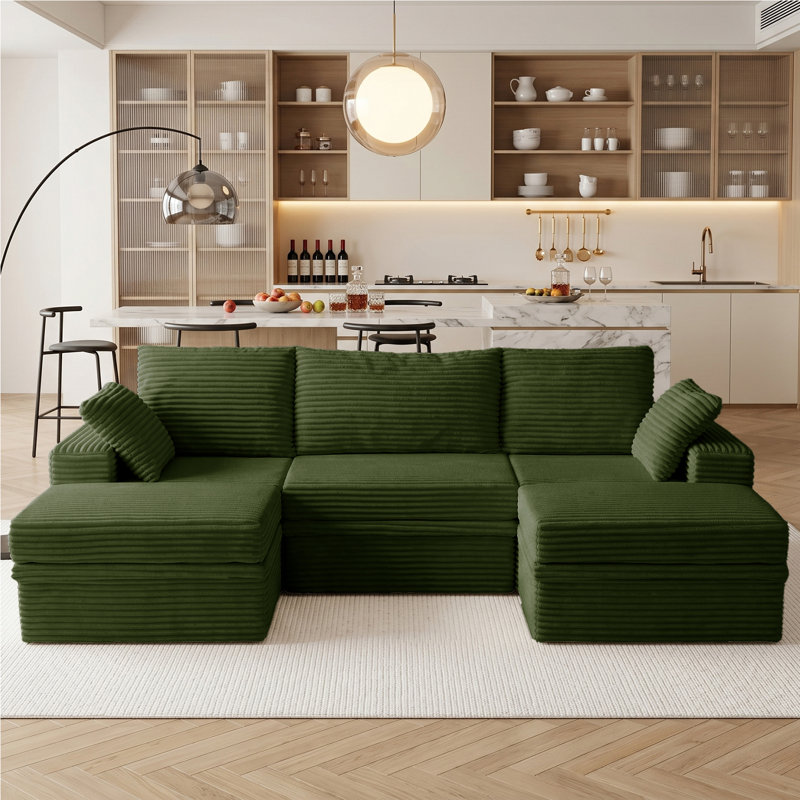 107" Corduroy U-Shaped Sectional Sofa with Storage, Modular Deep Seat Couch for Living Room, Green