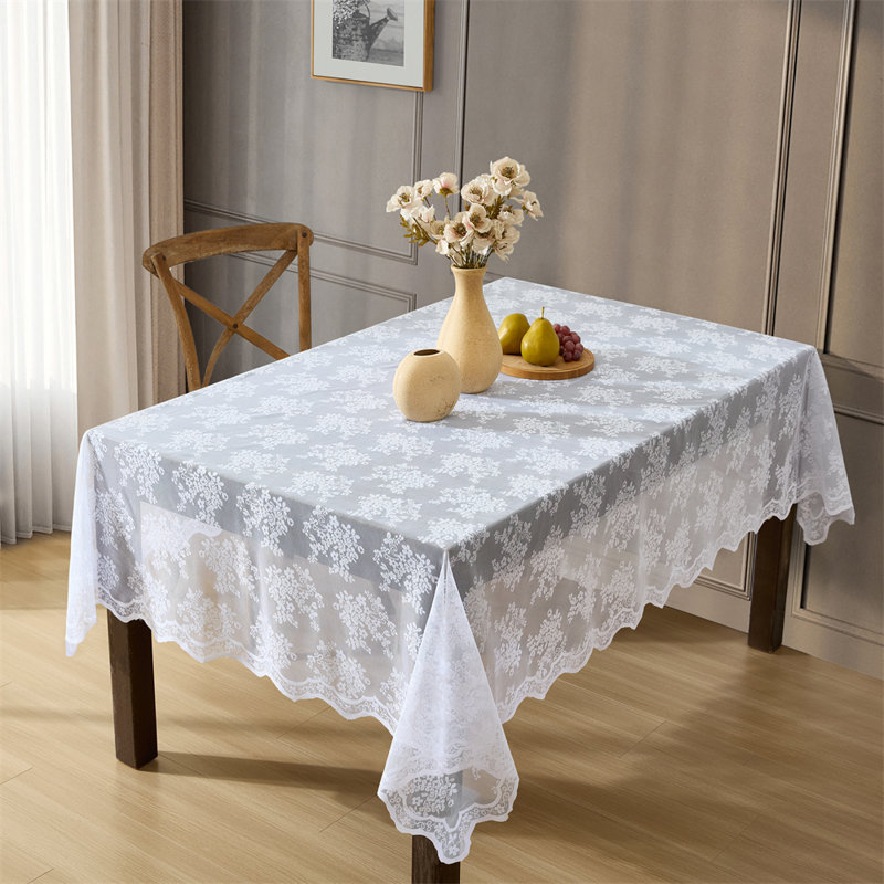 Stefani Floral Lace Fabric Tablecloth, Lace Fabric Table Cloth for Small Rectangle Tables, Wrinkle Resistant Tablecloth, Patterned Scalloped Tablecloth ()
