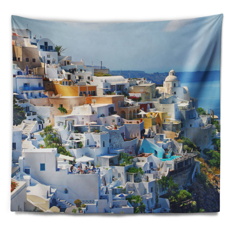 Tapisserie abstraite de la ville de Fira à Santorin, H 68 po x l 80 po