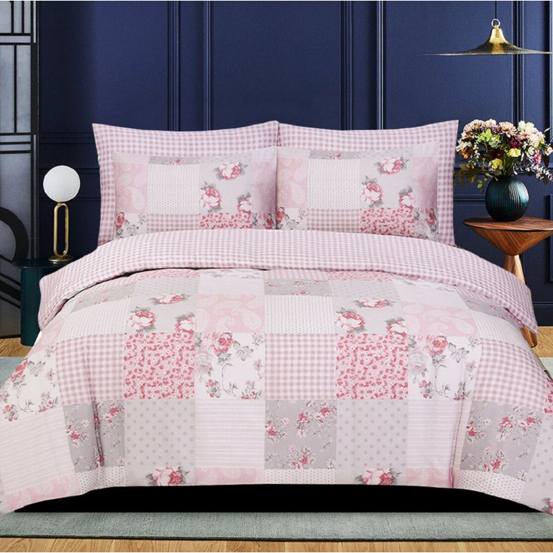 Cotton Blend Duvet Cover Set with Pillowcases, Grey Floral, Double Duvet Cover Set + 2 Standard Pillowcases