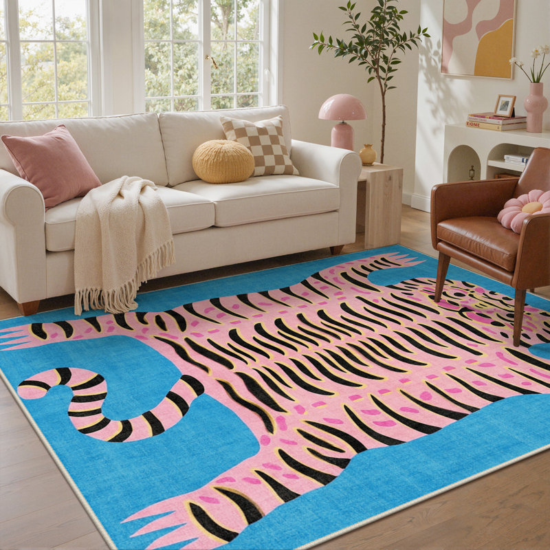 Tapis d'intérieur bleu / rose lavable à la machine avec envers antidérapant Abidi, Rectangle 5 pi x 7 pi, Nexus