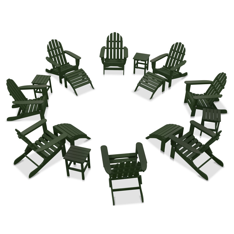 Leighton 16 Piece Plastic/Resin Adirondack Chair with Ottoman and Table, Forest Green