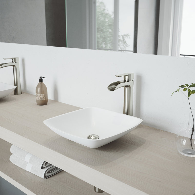 Hyacinth 14" L x 14" W x 4" H Square White Matte Stone™ Vessel Bathroom Sink with 11" H Faucet