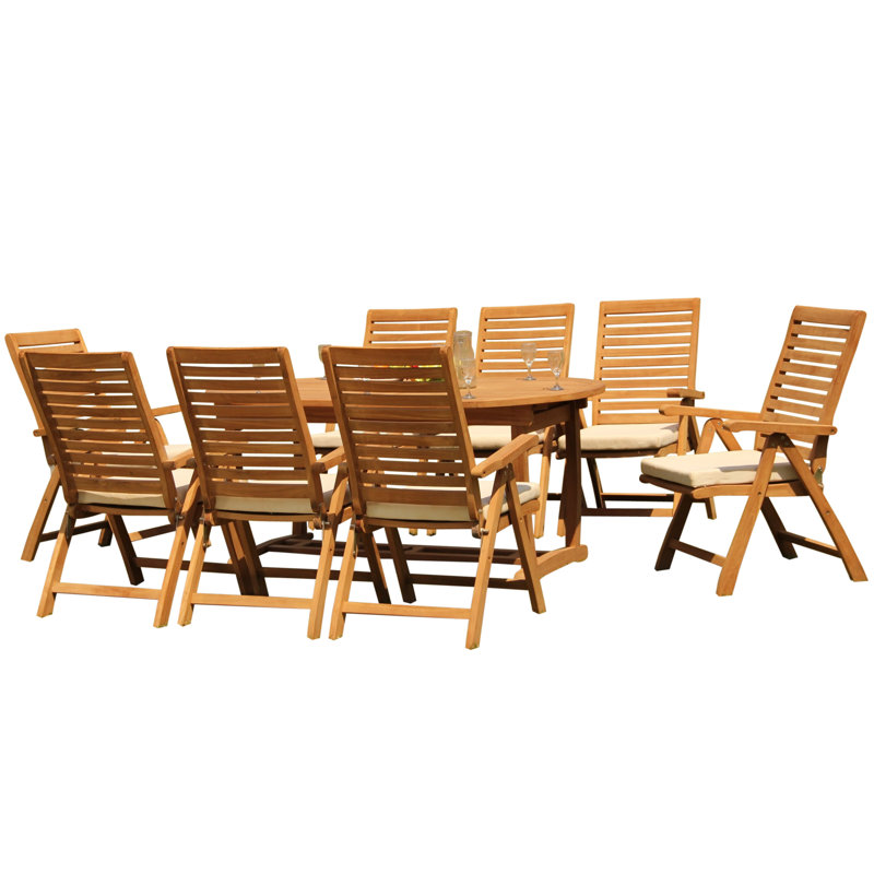 Ensemble de salle à manger 7 pièces en bois de teck de qualité A: table de chevet ovale à tréteaux de 94 po et chaises inclinables pliantes Ashely # 11AS2306