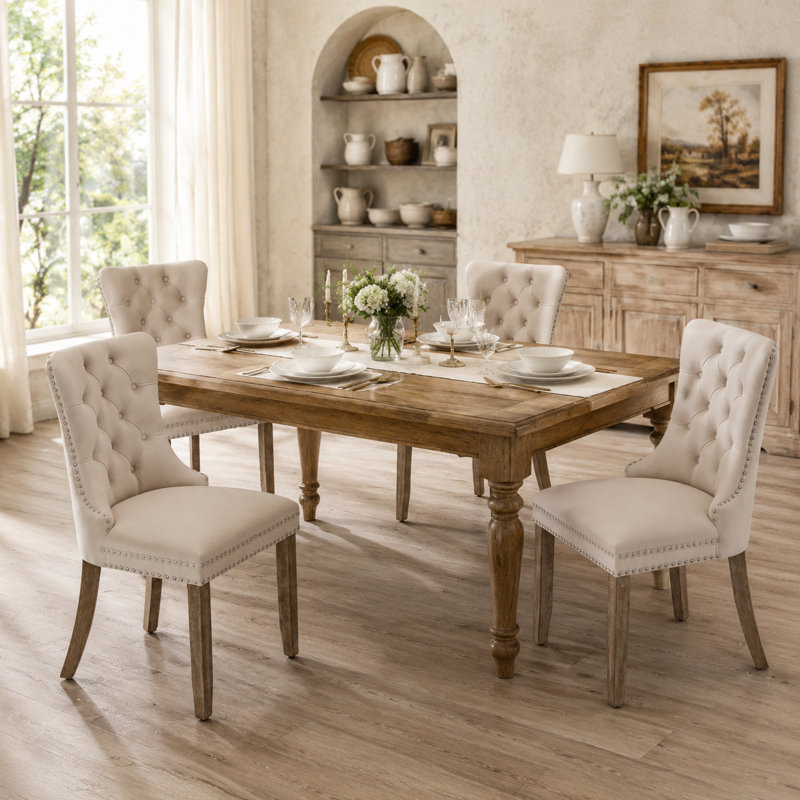 Ensemble de 2 fauteuils de salle à manger rembourrés en velours avec pieds en bois, Beige