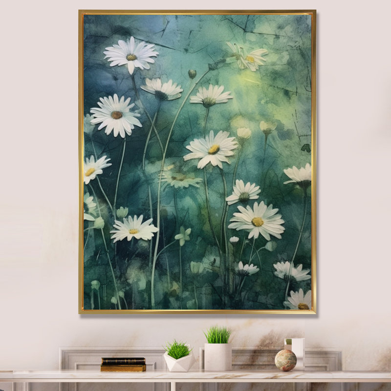 Fusion de marguerites blanches et vertes II sur toile, Cadre flottant doré, H 40 po x l 30 po x P 1,5 po