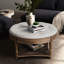 Table basse ronde pour espace de vie - Lin, tablette en bois, rangement classique imperméable gris, pieds-163718859-163718857