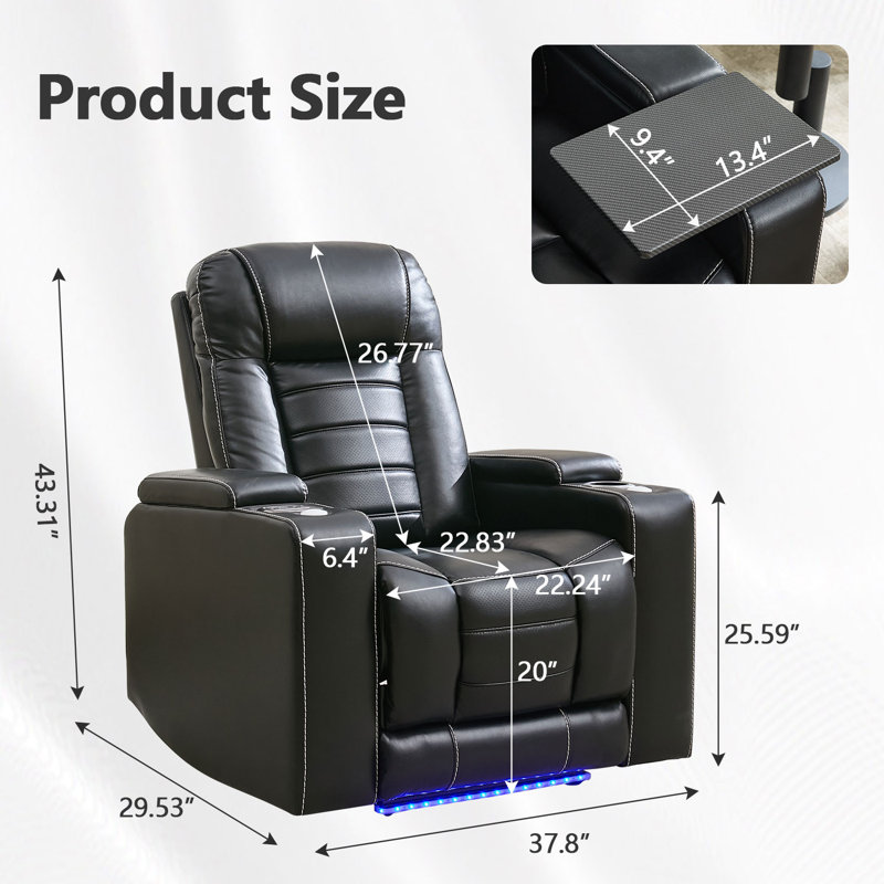 Fauteuil inclinable électrique de 39 po de largeur avec repose-tête électrique et chargeur sans fil, Noir, noir, noir, noir