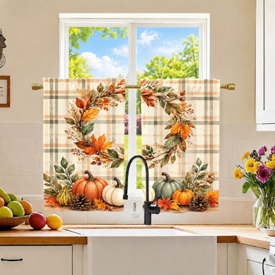 2Pcs Autumn Pumpkin Wreath Curtains, Light Filtering Fabric, Festive Fall Harvest Pattern, Decorative Window Treatments for Living Room, Bedroom, Balcony, Kitchen