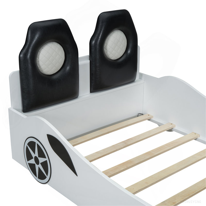 Wood Race Car-Shaped Platform Bed With LED And Upholstered Backrest, White