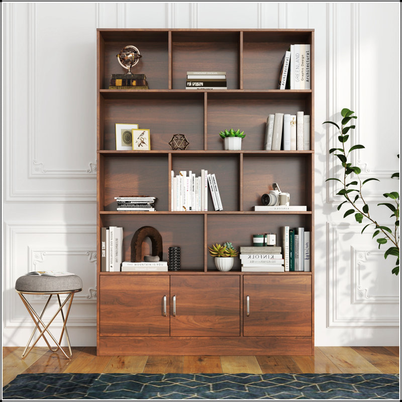 Bibliothèque de 70,87 po de hauteur à 4 niveaux avec 10 cubes Bibliothèque à 3 portes, avec tablette ouverte et armoire, rangement cubique moderne | Noyer brun | Contemporain